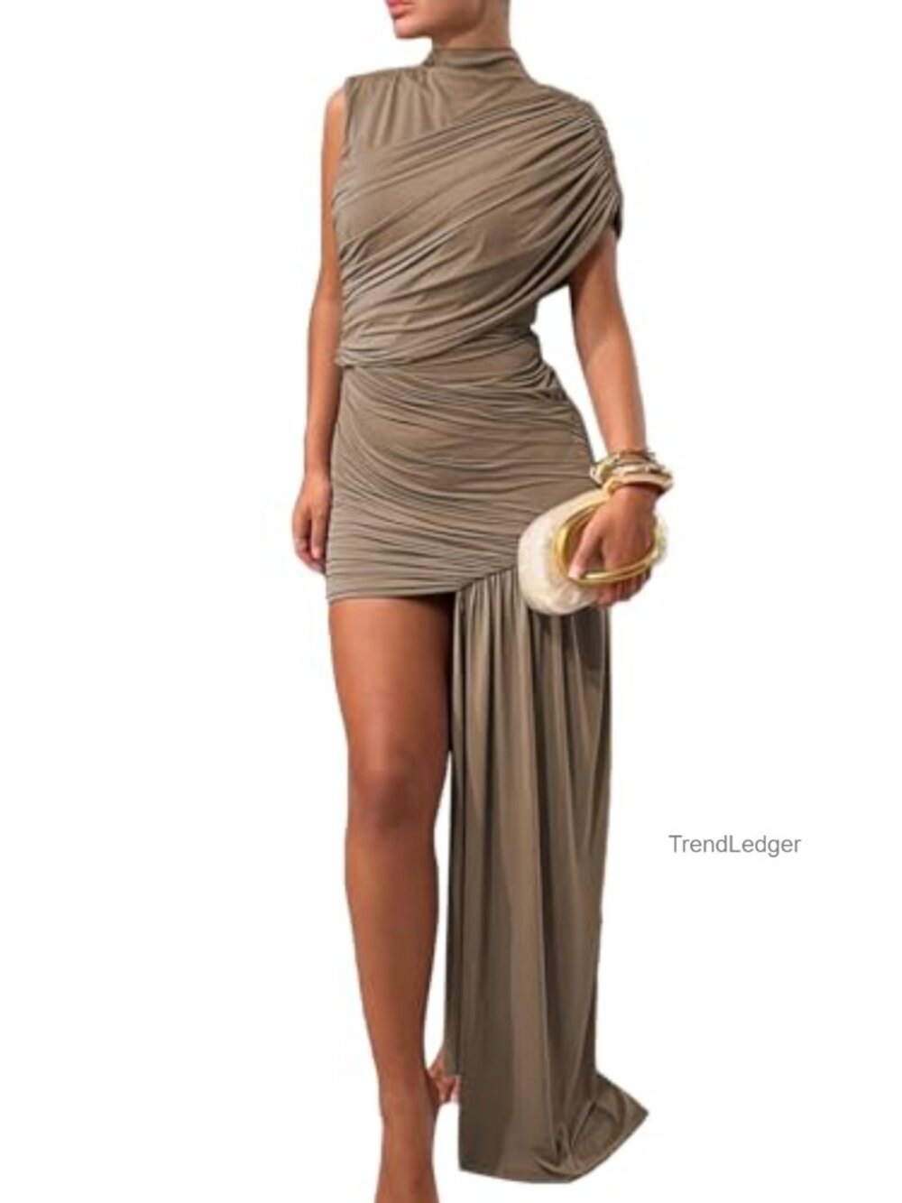 Sleeveless Ruched Maxi Dress Mock Neck Bodycon One Shoulder Elegant Party